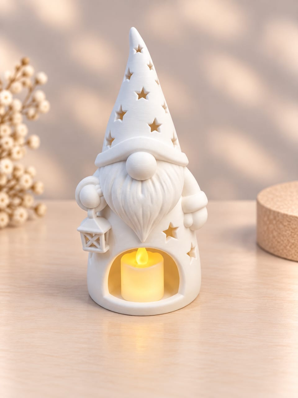 Gnomo decorativo branco com estrelas vazadas e espaço para vela LED
